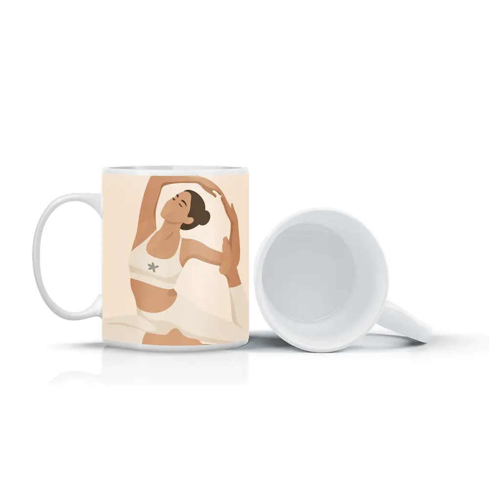Flat Art Woman Yoga Pose Beige Background – Mugs