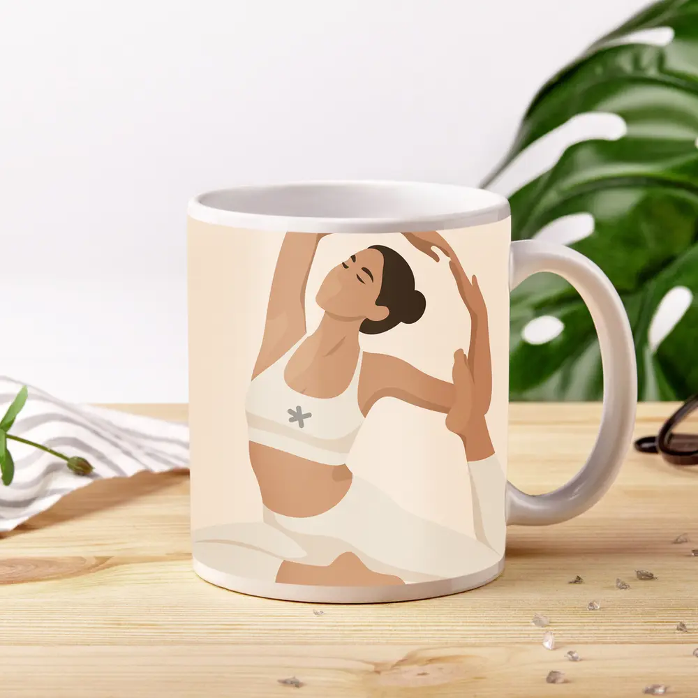 Flat Art Woman Yoga Pose Beige Background – Mugs