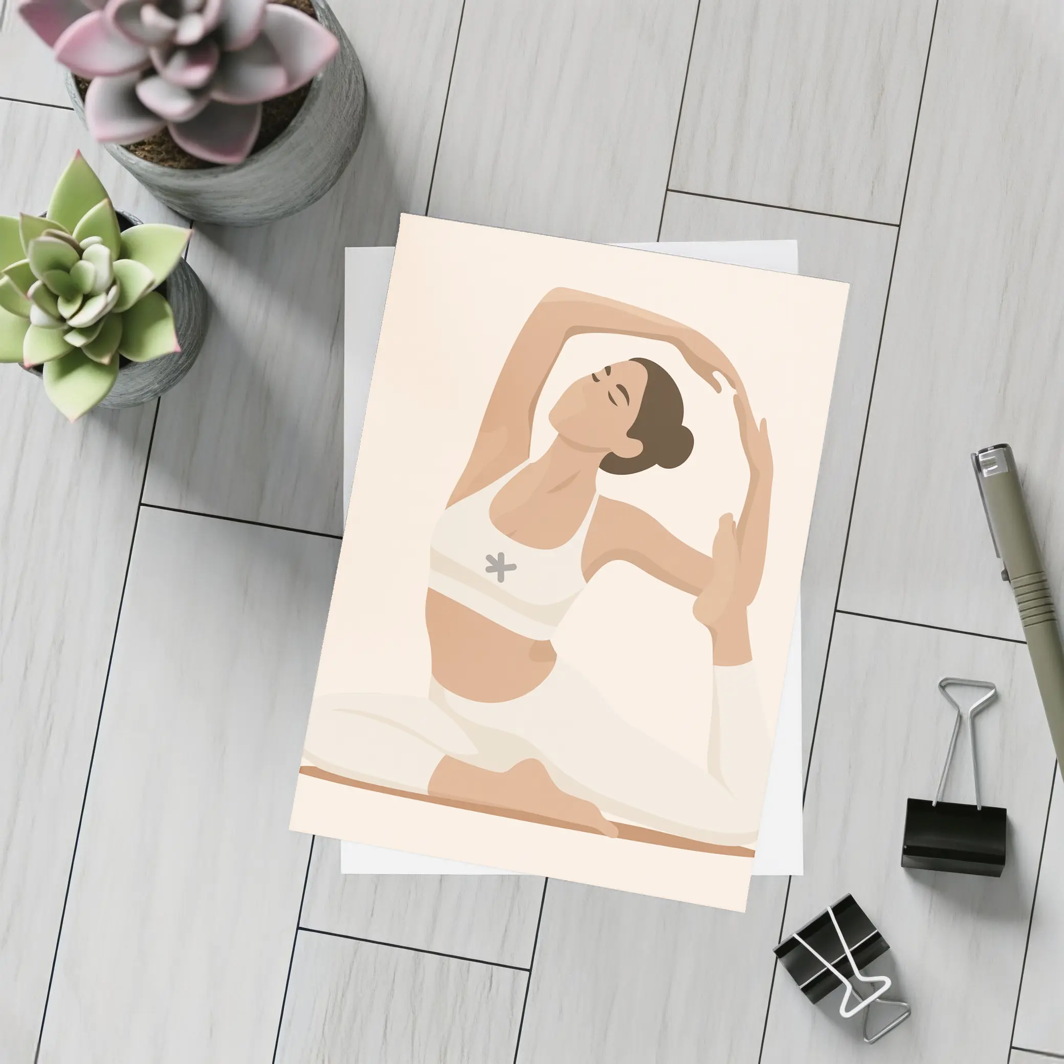 Flat Art Woman Yoga Pose Beige Background – Postcards