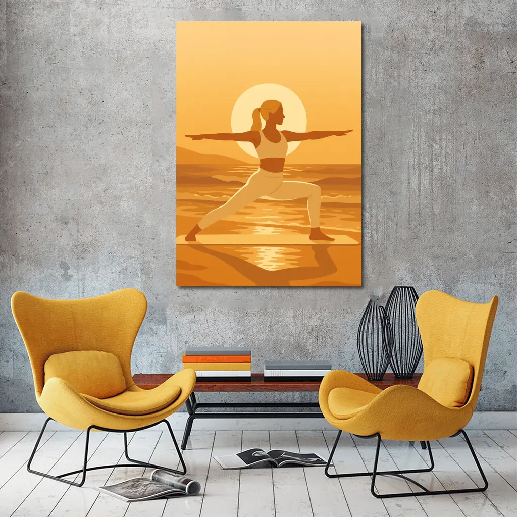 Woman Yoga Warrior Pose Sunset Beach – Wall Art