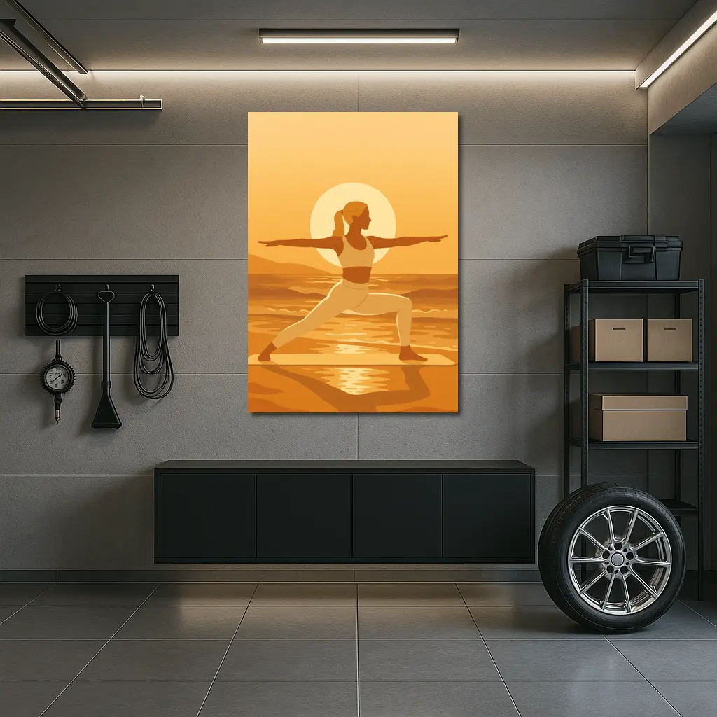 Woman Yoga Warrior Pose Sunset Beach – Wall Art