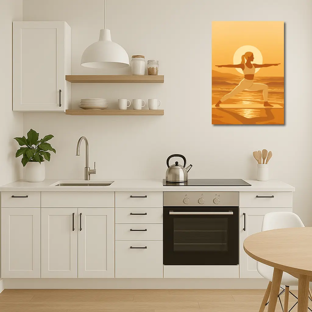 Woman Yoga Warrior Pose Sunset Beach – Wall Art