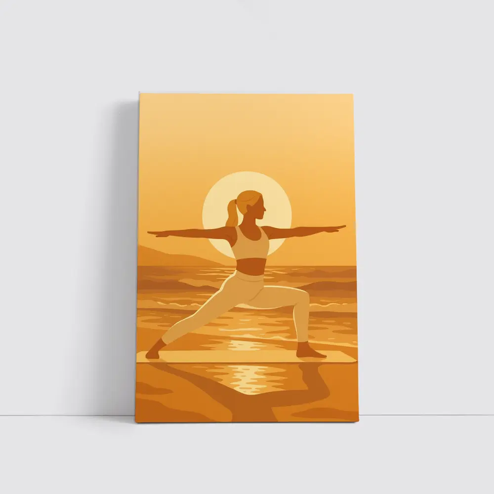 Woman Yoga Warrior Pose Sunset Beach – Wall Art