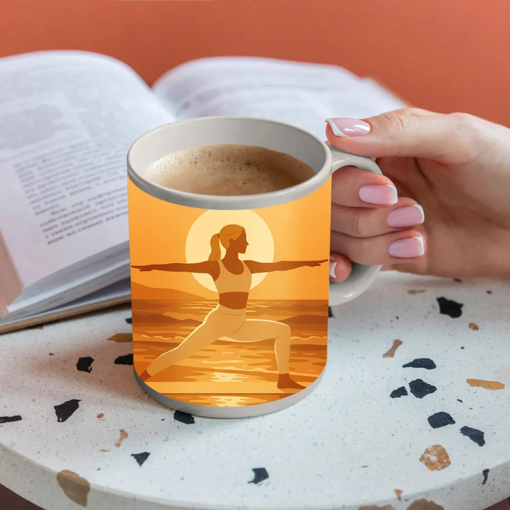 Woman Yoga Warrior Pose Sunset Beach – Mugs