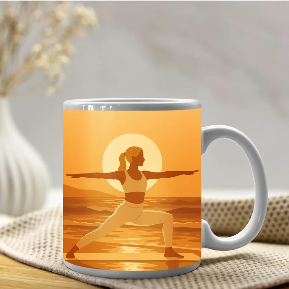 Woman Yoga Warrior Pose Sunset Beach – Mugs