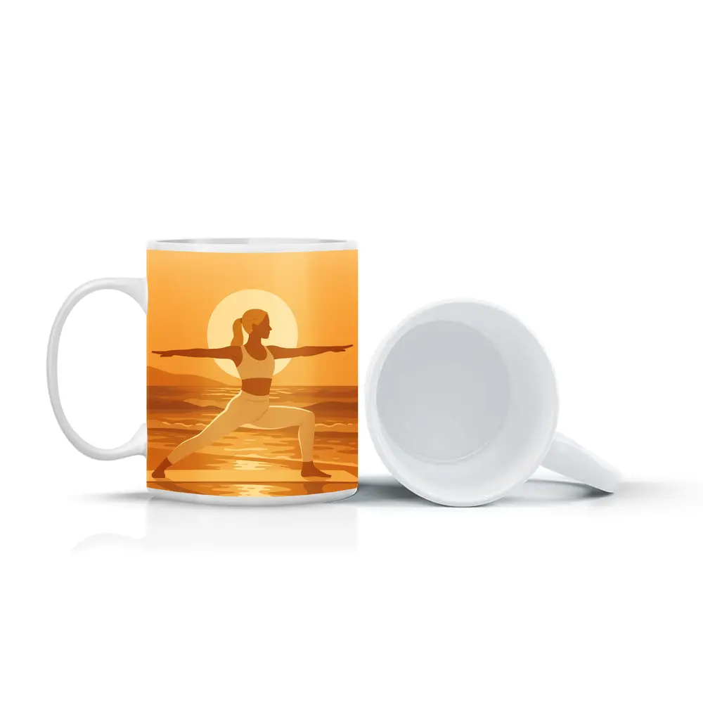 Woman Yoga Warrior Pose Sunset Beach – Mugs