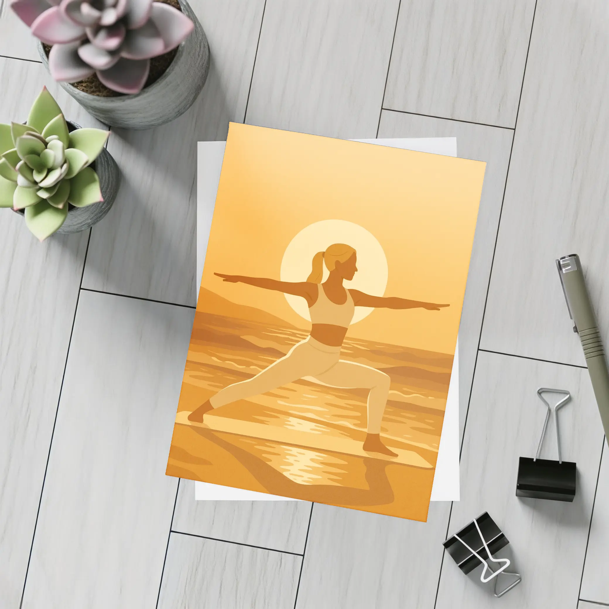 Woman Yoga Warrior Pose Sunset Beach – Postcards