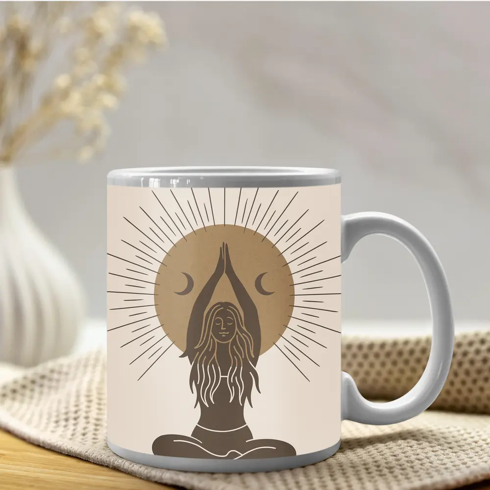 Boho Yoga Woman Sun Moon Meditation Art – Mugs