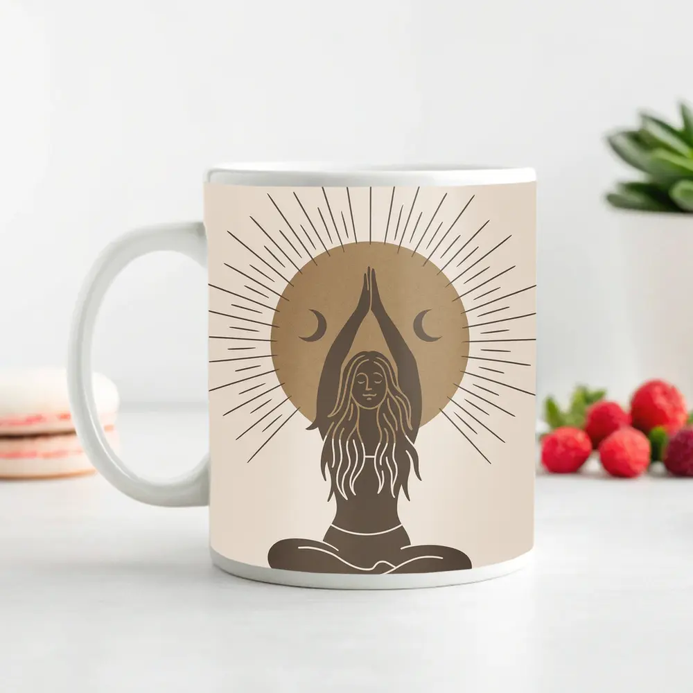 Boho Yoga Woman Sun Moon Meditation Art – Mugs