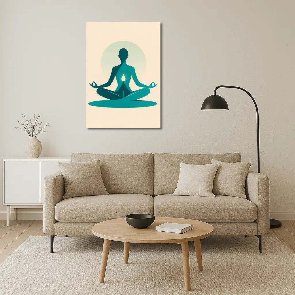 Teal Yoga Meditation Silhouette Lotus Pose Beige – Wall Art