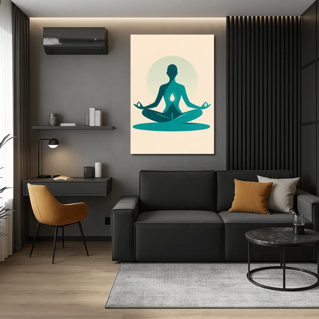 Teal Yoga Meditation Silhouette Lotus Pose Beige – Wall Art
