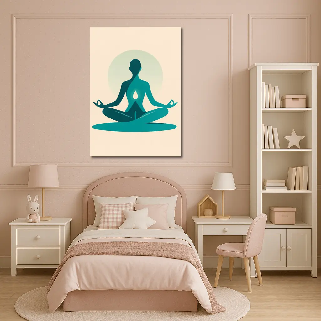 Teal Yoga Meditation Silhouette Lotus Pose Beige – Wall Art