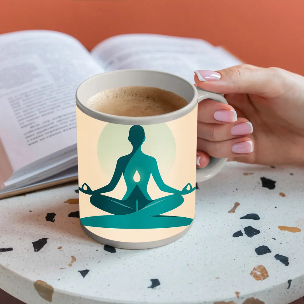 Teal Yoga Meditation Silhouette Lotus Pose Beige – Mugs