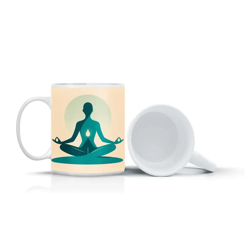 Teal Yoga Meditation Silhouette Lotus Pose Beige – Mugs