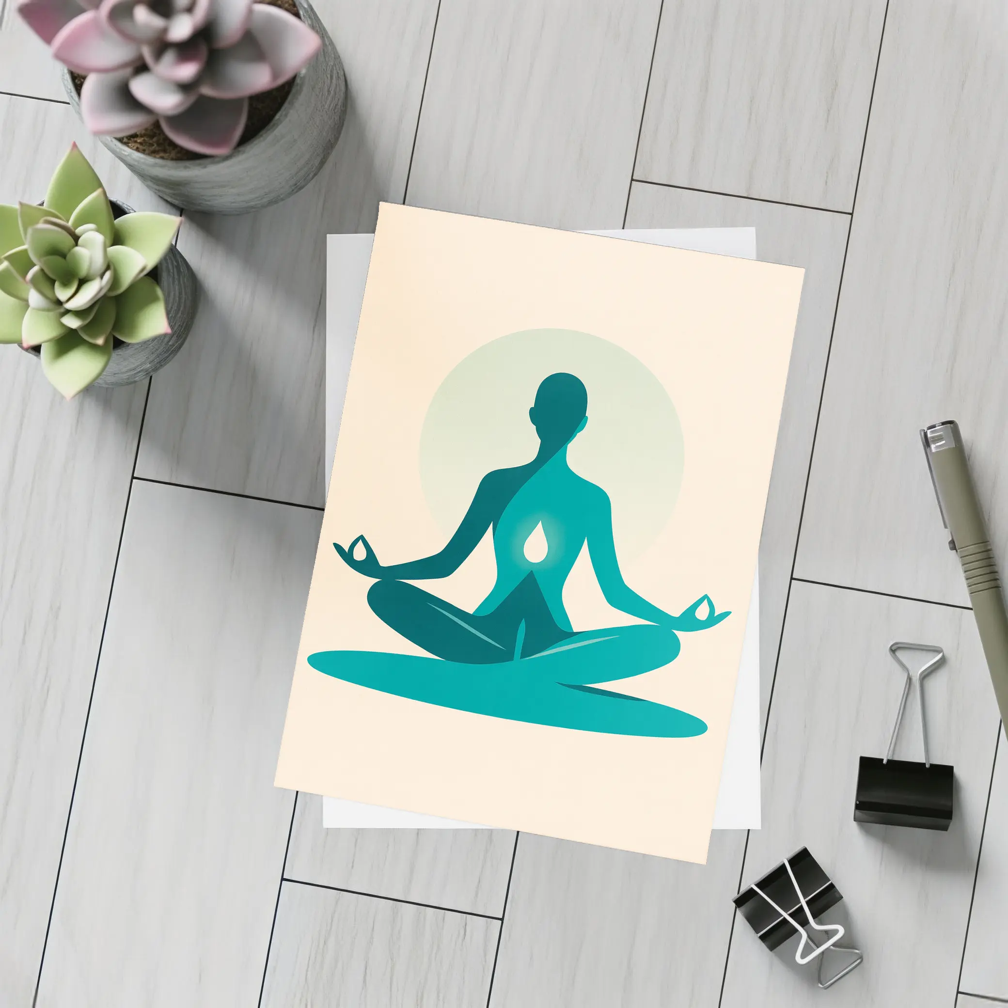 Teal Yoga Meditation Silhouette Lotus Pose Beige – Postcards