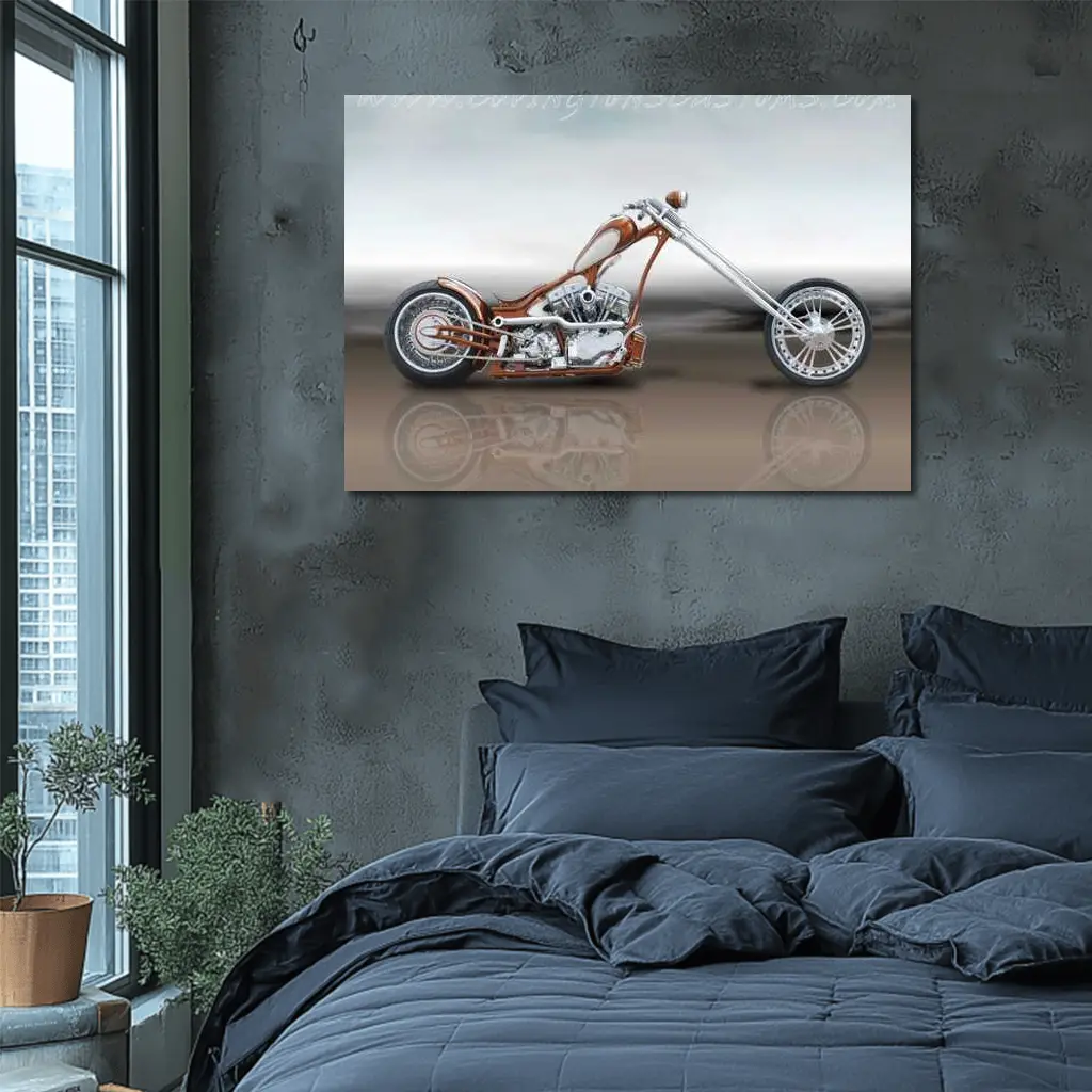 Custom Chopper Motorcycle Copper Chrome Side View – Wall Art