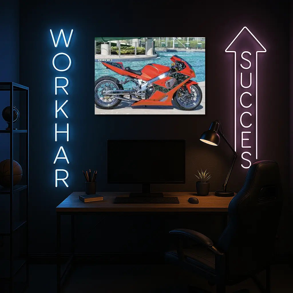 Custom Orange Sport Bike Poolside Shot – Wall Art