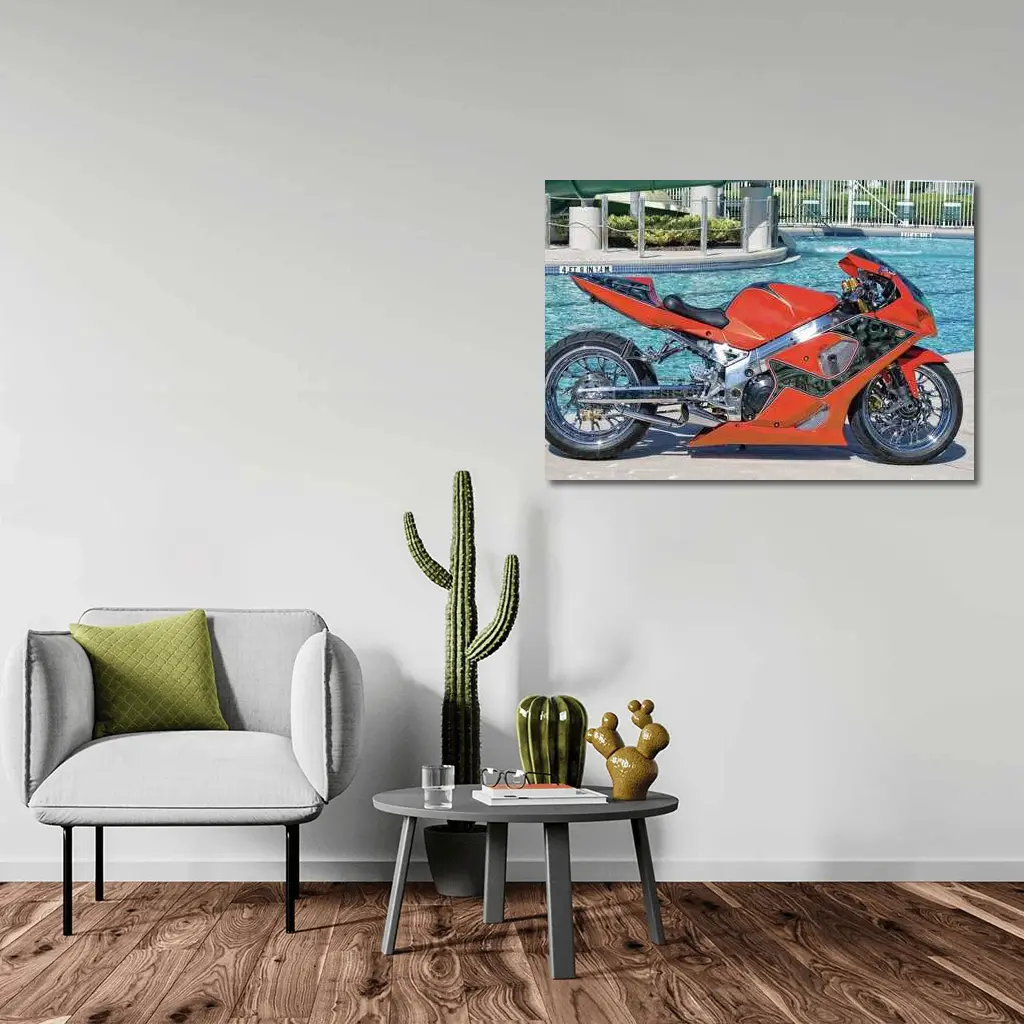 Custom Orange Sport Bike Poolside Shot – Wall Art