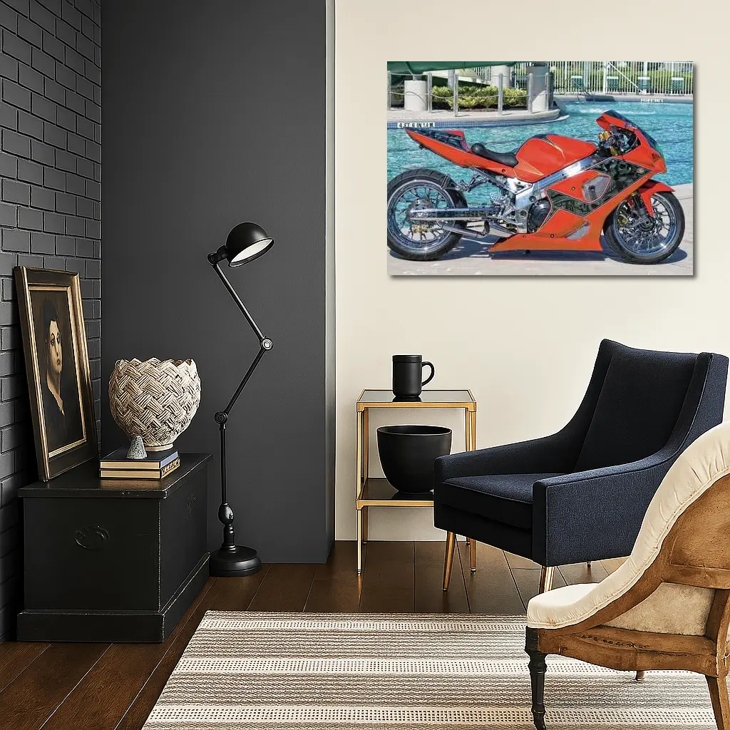 Custom Orange Sport Bike Poolside Shot – Wall Art