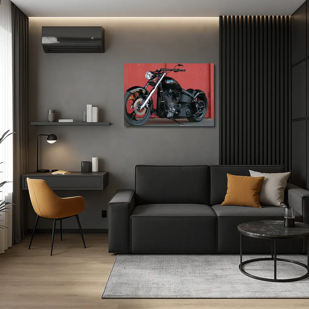 Black Custom Chopper Motorcycle Red Brick Wall – Wall Art