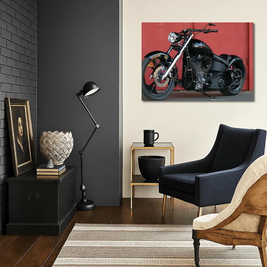 Black Custom Chopper Motorcycle Red Brick Wall – Wall Art