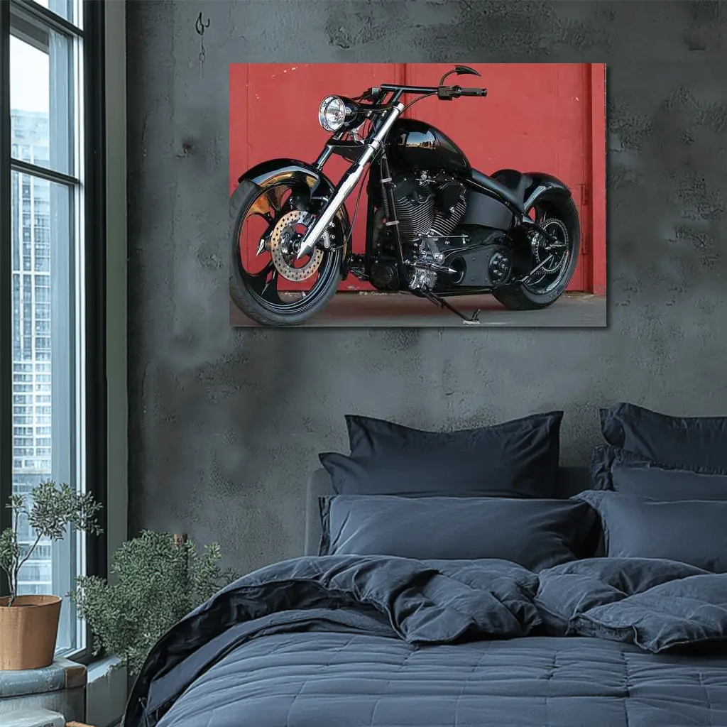 Black Custom Chopper Motorcycle Red Brick Wall – Wall Art