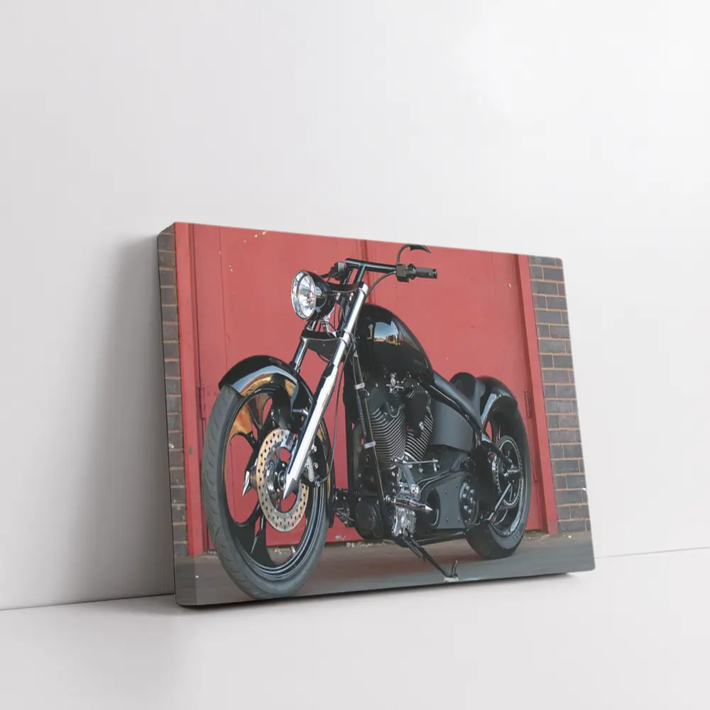 Black Custom Chopper Motorcycle Red Brick Wall – Wall Art
