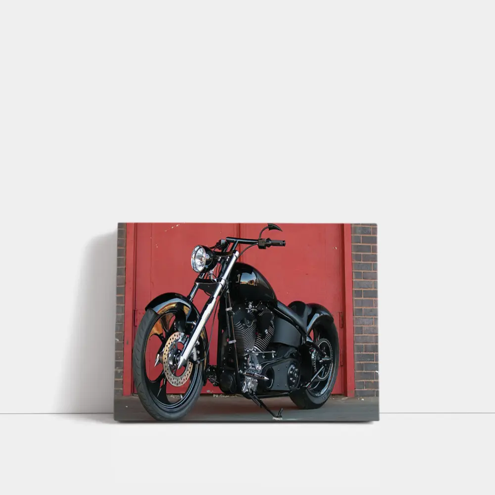 Black Custom Chopper Motorcycle Red Brick Wall – Wall Art