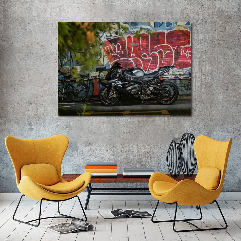 Black Sport Bike Parked By Graffiti Wall – Wall Art