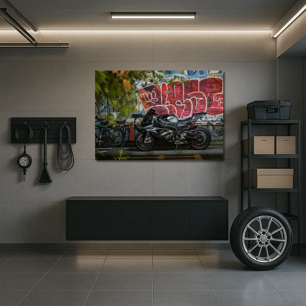 Black Sport Bike Parked By Graffiti Wall – Wall Art