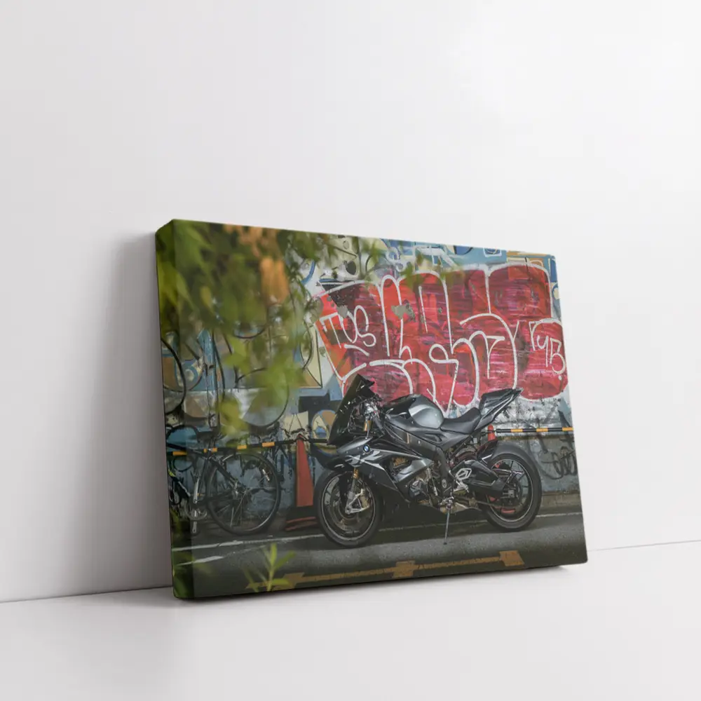 Black Sport Bike Parked By Graffiti Wall – Wall Art