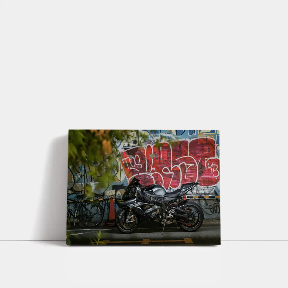 Black Sport Bike Parked By Graffiti Wall – Wall Art