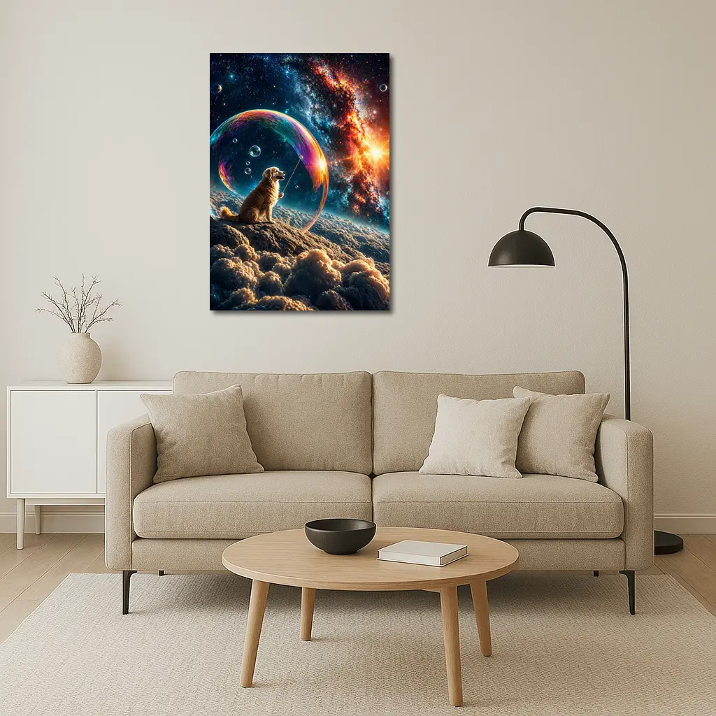 Golden Retriever Blowing Bubbles in Space – Wall Art