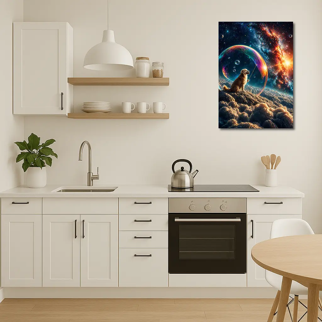 Golden Retriever Blowing Bubbles in Space – Wall Art