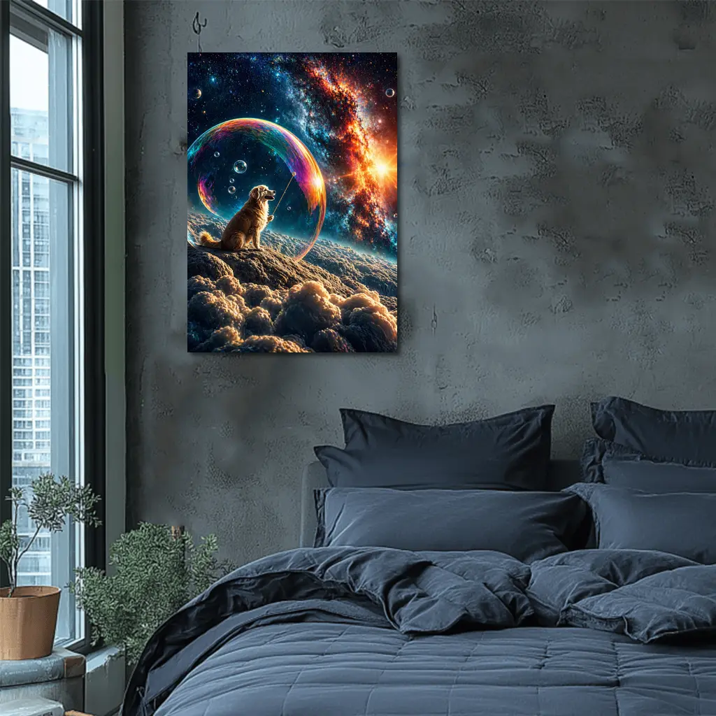 Golden Retriever Blowing Bubbles in Space – Wall Art