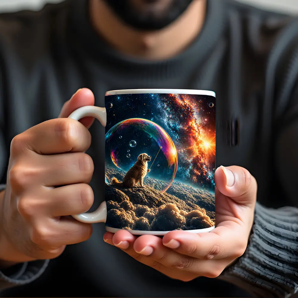 Golden Retriever Blowing Bubbles in Space – Mugs