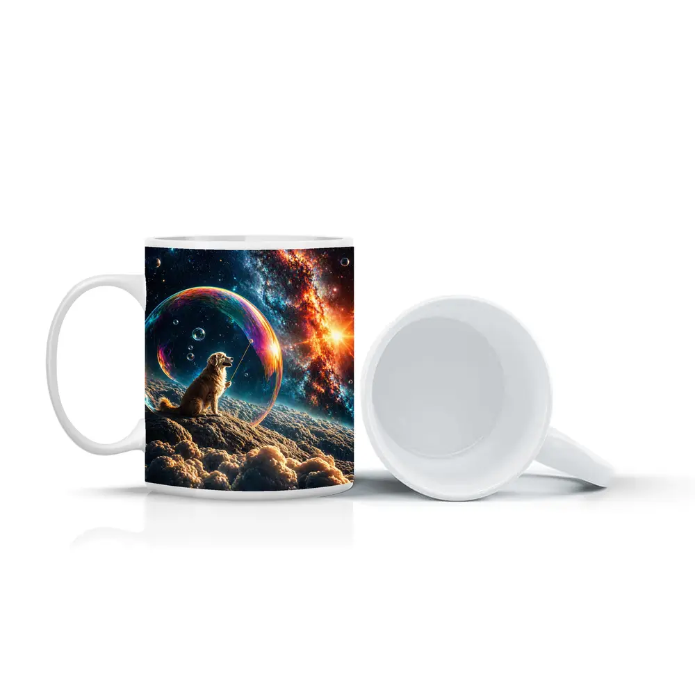 Golden Retriever Blowing Bubbles in Space – Mugs