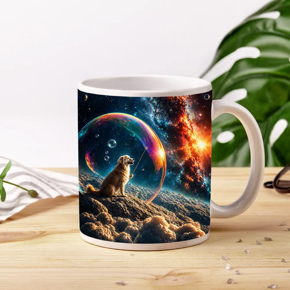 Golden Retriever Blowing Bubbles in Space – Mugs