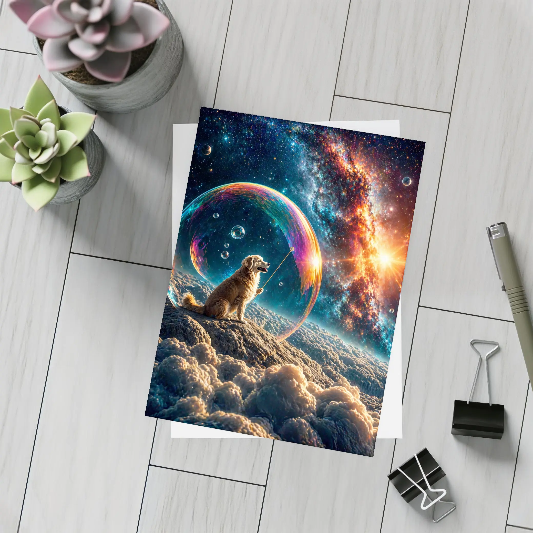 Golden Retriever Blowing Bubbles in Space – Postcards