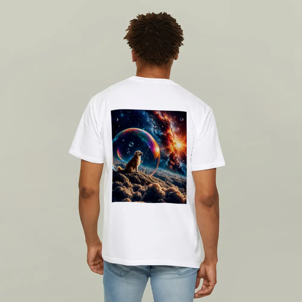Golden Retriever Blowing Bubbles in Space – T-Shirts