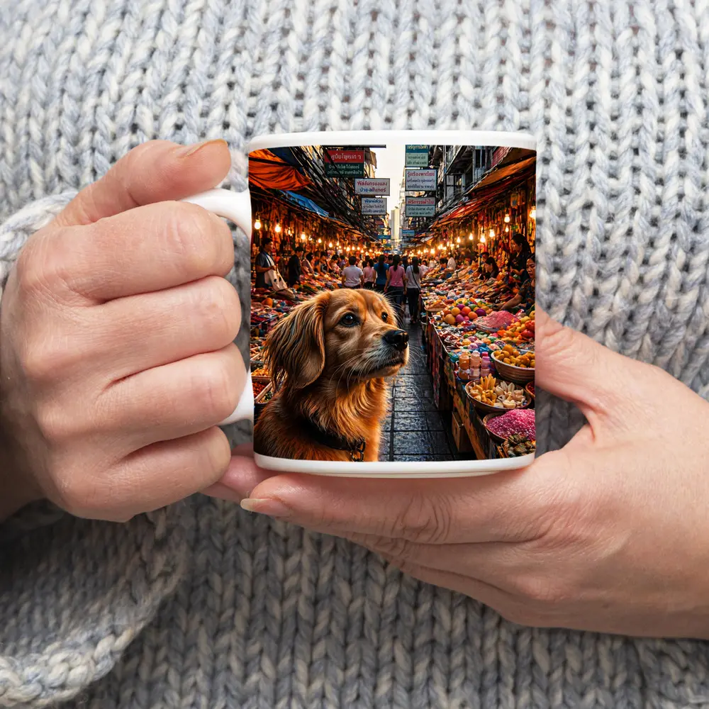 Golden Dog at Bangkok Thailand Street Market – Mugs
