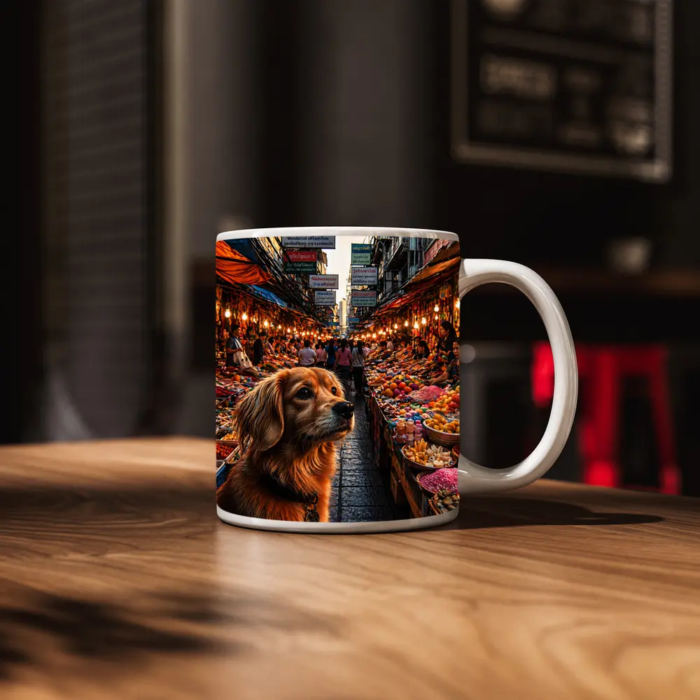 Golden Dog at Bangkok Thailand Street Market – Mugs