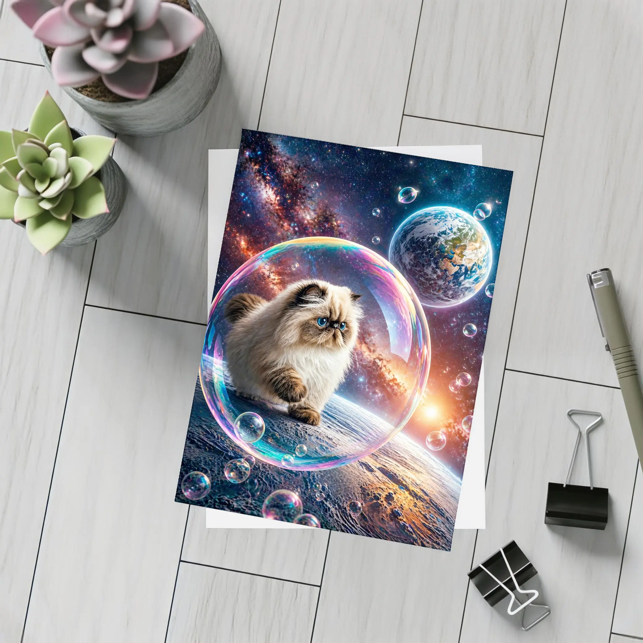 Himalayan Cat Floating Space Bubble Galaxy – Postcards