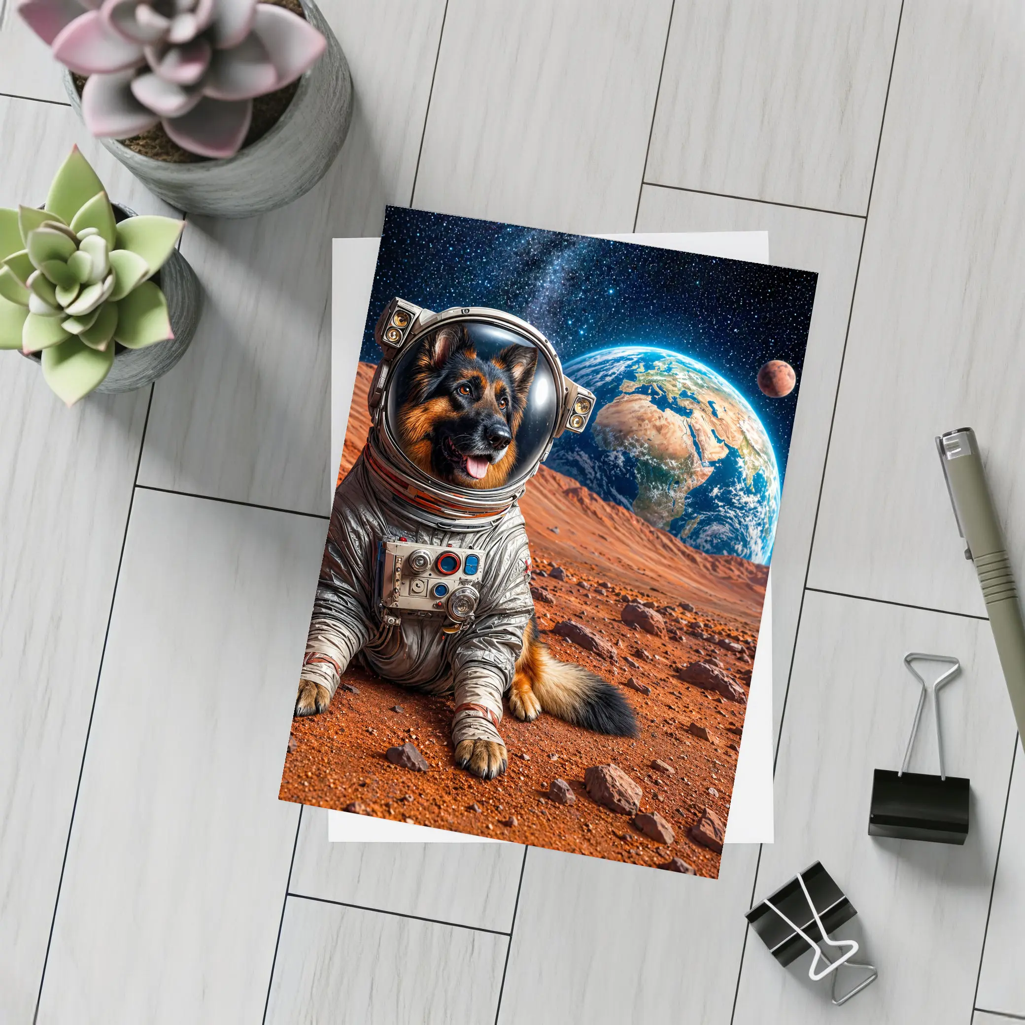 German Shepherd Astronaut on Mars Planet – Postcards
