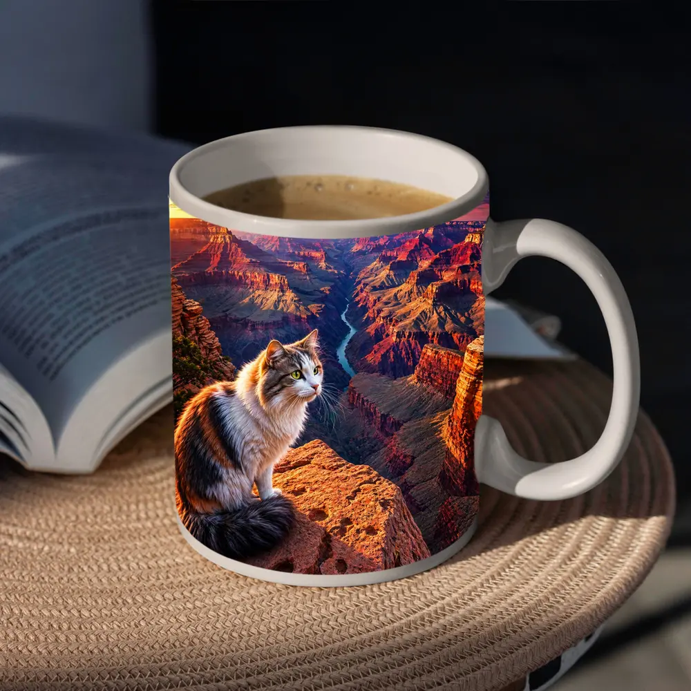 Calico Cat Sitting Grand Canyon Sunset – Mugs