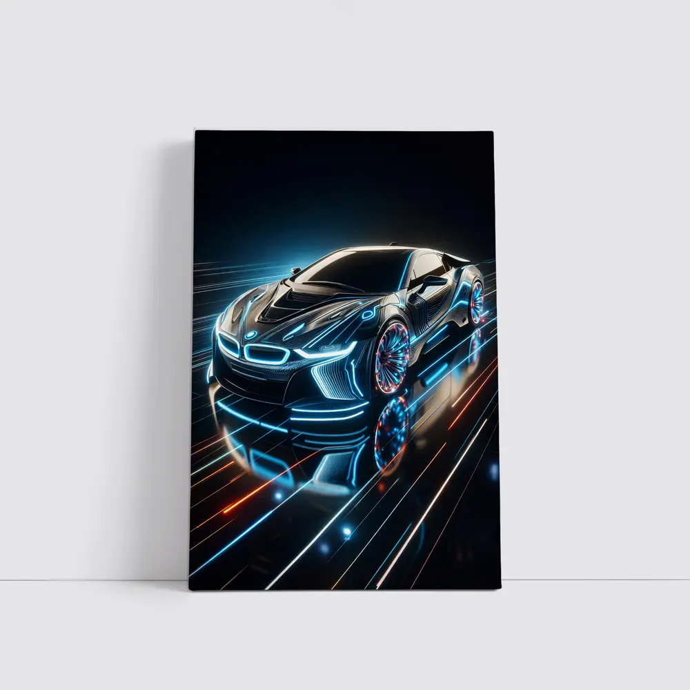 BMW i8 Neon Light Trails Dark Background – Wall Art