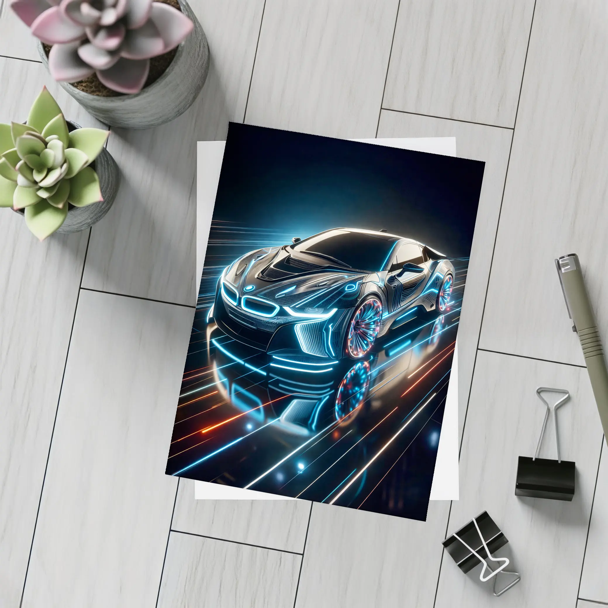 BMW i8 Neon Light Trails Dark Background – Postcards