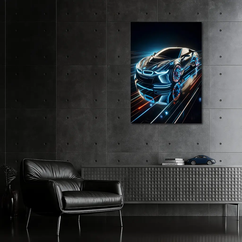 BMW i8 Neon Light Trails Dark Background – Wall Art