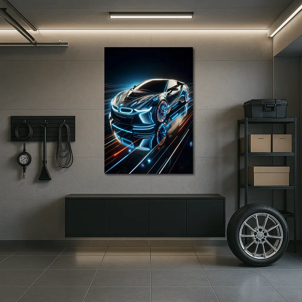 BMW i8 Neon Light Trails Dark Background – Wall Art