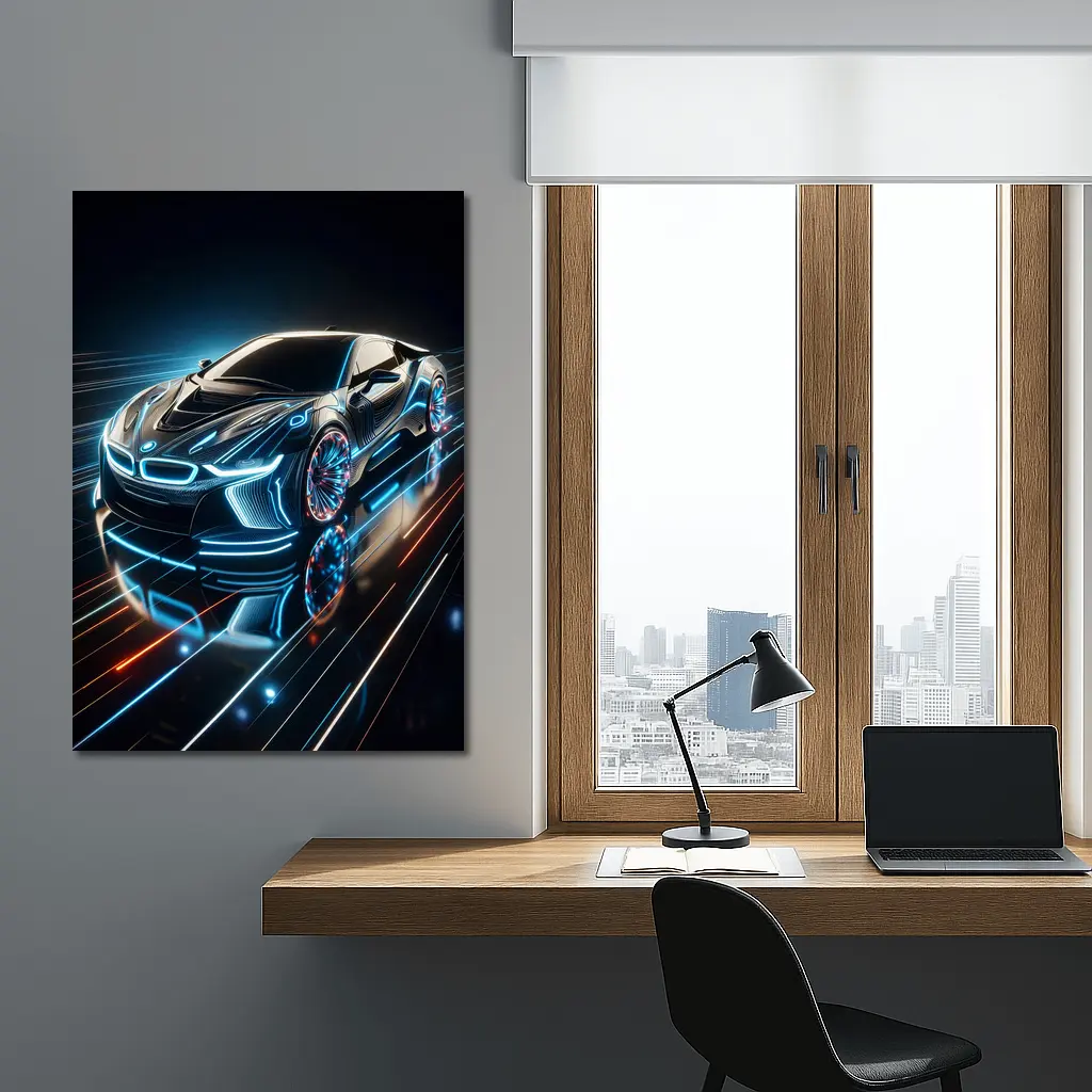 BMW i8 Neon Light Trails Dark Background – Wall Art